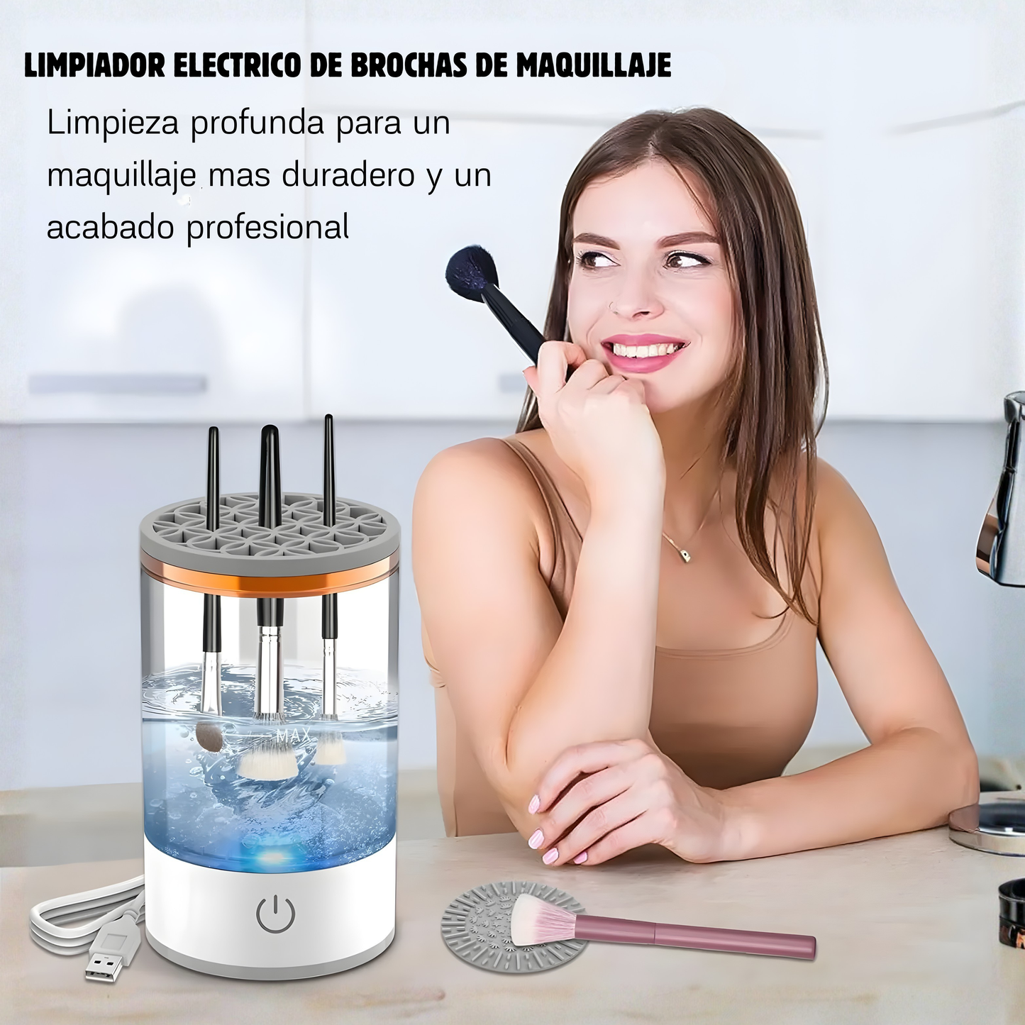 Limpiador de brochas de maquillajes portátil.